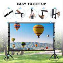 Load image into Gallery viewer, 150 inch Projector Screen With Stand,HUANYINGBJB Outside Projection Screen, Portable 16:9 4K HD Rear Front Movie Screen with Carry Bag for Theater Backyard Movie night,Cinema School, Churches, Parties