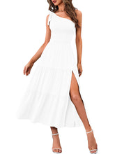 Load image into Gallery viewer, MEROKEETY Women's Summer One Shoulder Sleeveless Knot Smocked Midi Dress Split Tiered Flowy Dresses,White,L