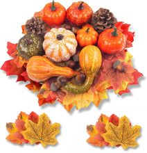 Load image into Gallery viewer, DomeStar 50 PCS Thanksgiving Artificial Pumpkins and Gourds Set Fall Decorations for Home, 8 PCS Fake Pumpkins, 12 PCS Pinecones and Acorns, 30 PCS Fake Maple Leaves Fall Wedding Tables Centerpieces