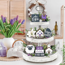 Load image into Gallery viewer, Guoofu Easter Tiered Tray Decor, Farmhouse Tray Decorations, Happy Easter He is Risen Christian Cross Eggs Lily Sheep Wooden Signs, Spring Religious Rustic Decor for Home Church Table Shelf Mantel