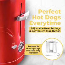 Load image into Gallery viewer, Nostalgia 2 Slot Hot Dog and Bun Toaster with Mini Tongs, Retro Toaster, Cooker that Works Chicken, Turkey, Veggie Links, Sausages Brats, Metallic Red