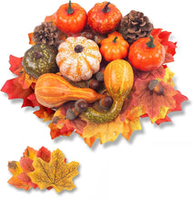 Load image into Gallery viewer, DomeStar 50 PCS Thanksgiving Artificial Pumpkins and Gourds Set Fall Decorations for Home, 8 PCS Fake Pumpkins, 12 PCS Pinecones and Acorns, 30 PCS Fake Maple Leaves Fall Wedding Tables Centerpieces