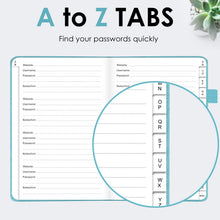 Load image into Gallery viewer, Elegant Password Book with Alphabetical Tabs - Hardcover Password Book for Internet Website Address Login - 5.2" x 7.6" Password Keeper and Organizer w/Notes Section & Back Pocket (Turquoise)