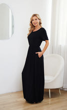 Load image into Gallery viewer, AUOMITH Women’s Black Short Sleeve Flowy Pleated A-Line Maxi Casual Empire Waist Vacation Long Black Dress with Pockets(Black, L)