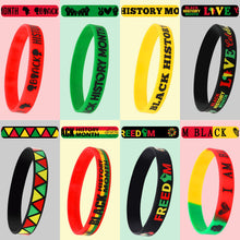 Load image into Gallery viewer, JUNEBRUSHS 64Pcs Happy Black History Month Party Favors Freedom Day Silicone Rubber Wristbands Bracelets for Party Supplies Decorations Goodie Bag Stuff Fillers Accessories(8 Designs)