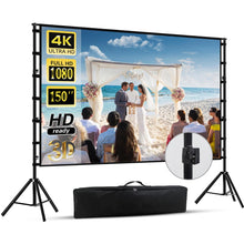 Load image into Gallery viewer, 150 inch Projector Screen With Stand,HUANYINGBJB Outside Projection Screen, Portable 16:9 4K HD Rear Front Movie Screen with Carry Bag for Theater Backyard Movie night,Cinema School, Churches, Parties