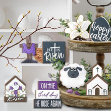 Load image into Gallery viewer, Guoofu Easter Tiered Tray Decor, Farmhouse Tray Decorations, Happy Easter He is Risen Christian Cross Eggs Lily Sheep Wooden Signs, Spring Religious Rustic Decor for Home Church Table Shelf Mantel