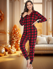 Load image into Gallery viewer, COLORFULLEAF Couples Matching Christmas Pajamas for Family Hoodie Plaid Fleece Onesie Full Zipper Jumpsuits(Womens, S)