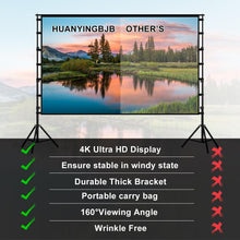 Load image into Gallery viewer, 150 inch Projector Screen With Stand,HUANYINGBJB Outside Projection Screen, Portable 16:9 4K HD Rear Front Movie Screen with Carry Bag for Theater Backyard Movie night,Cinema School, Churches, Parties