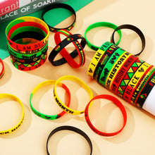 Load image into Gallery viewer, JUNEBRUSHS 64Pcs Happy Black History Month Party Favors Freedom Day Silicone Rubber Wristbands Bracelets for Party Supplies Decorations Goodie Bag Stuff Fillers Accessories(8 Designs)
