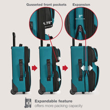 Load image into Gallery viewer, U.S. Traveler Rio Fabric Expandable Carry-on Luggage, Rolling Suitcase, Teal, 2 Wheel Set