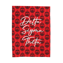 Load image into Gallery viewer, Red Velveteen Plush Blanket with Black DST Crest and White Delta Sigma Theta Theme