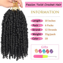 Load image into Gallery viewer, Passion Twist Crochet Hair 10 Inch 6 Packs Pre-twisted Passion Twist Hair Pre Looped Crochet Hair for Black Women Bohemian Short Passion Twist Crochet Hair for Kids and Girls (10 Inch,1B)