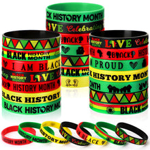Load image into Gallery viewer, JUNEBRUSHS 42pcs Happy Black History Month Party Favors Silicone Bracelets Rubber Wristbands Accessories for Kids Adults African American Freedom Day Patriotic Party Decorations Gift Bag Fillers