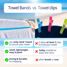 Load image into Gallery viewer, Towel Bands (6-Pack), Beach Pool & Cruise Chairs, Extra Durable, No Snapping, Cruise Ship & Beach Essentials, Great Alternative to Beach Towel Clips (3 Regular + 3 Glow in The Dark