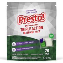 Load image into Gallery viewer, Amazon Brand - Presto! Triple Action Dishwasher Pacs, Anti-spotting, Fresh Scent, 70 Count