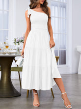 Load image into Gallery viewer, MEROKEETY Women's Summer One Shoulder Sleeveless Knot Smocked Midi Dress Split Tiered Flowy Dresses,White,L