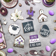 Load image into Gallery viewer, Guoofu Easter Tiered Tray Decor, Farmhouse Tray Decorations, Happy Easter He is Risen Christian Cross Eggs Lily Sheep Wooden Signs, Spring Religious Rustic Decor for Home Church Table Shelf Mantel