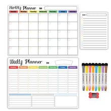 Load image into Gallery viewer, Hivillexun Magnetic Dry Erase Calendar Whiteboard Set (3-Pack) for Refrigerator, Wall, and Fridge Organization with Monthly, Weekly, and Daily Notepads. Comes with 8 Markers and 1 Eraser