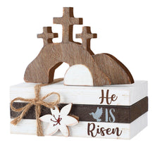 Load image into Gallery viewer, Ferraycle 4 Pcs Easter Table Decor He is Risen Wooden Sign Happy Easter Farmhouse Cross Wooden Block Decorative Book Tiered Tray Decor Religious Rustic Spring Decoration for Fireplace Living Room