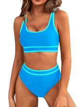 Load image into Gallery viewer, BMJL Women's High Waisted Bikini Sets Sporty Two Piece Swimsuits Color Block Cheeky High Cut Bathing Suits(L,Blue)