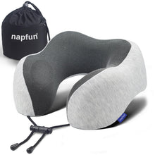 Load image into Gallery viewer, napfun Neck Pillow for Traveling, Upgraded Travel Neck Pillow for Airplane 100% Pure Memory Foam Travel Pillow for Flight Headrest Sleep, Portable Plane Accessories, Light Grey