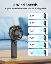 Load image into Gallery viewer, TUNISE Portable Handheld Fan, Portable Fan Rechargeable, 4000mAh, 180° Adjustable, 6 Speed Wind, Display Electricity in Real Time, USB Rechargeable Foldable Fan, Quiet Personal Fan with Power Bank