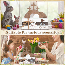 Load image into Gallery viewer, Ferraycle 4 Pcs Easter Table Decor He is Risen Wooden Sign Happy Easter Farmhouse Cross Wooden Block Decorative Book Tiered Tray Decor Religious Rustic Spring Decoration for Fireplace Living Room