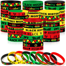 Load image into Gallery viewer, JUNEBRUSHS 64Pcs Happy Black History Month Party Favors Freedom Day Silicone Rubber Wristbands Bracelets for Party Supplies Decorations Goodie Bag Stuff Fillers Accessories(8 Designs)