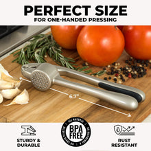 Load image into Gallery viewer, Zulay Kitchen Premium Garlic Press Set - Rust Proof & Dishwasher Safe Professional Garlic Mincer Tool - Easy-Squeeze, Easy-Clean with Soft, Ergonomic Handle - Silicone Garlic Peeler & Brush (Silver)