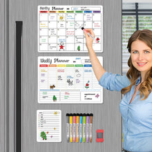 Load image into Gallery viewer, Hivillexun Magnetic Dry Erase Calendar Whiteboard Set (3-Pack) for Refrigerator, Wall, and Fridge Organization with Monthly, Weekly, and Daily Notepads. Comes with 8 Markers and 1 Eraser