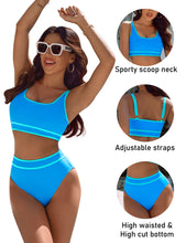 Load image into Gallery viewer, BMJL Women's High Waisted Bikini Sets Sporty Two Piece Swimsuits Color Block Cheeky High Cut Bathing Suits(L,Blue)