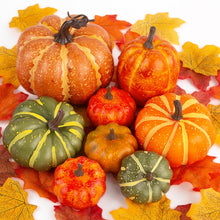 Load image into Gallery viewer, DomeStar 38pcs Fall Pumpkins Decor Set, Fake Pumpkins 8pcs Assorted Pumpkins with 30pcs Artificial Maple Leaves, Fall Harvest Centerpieces for Tables Thanksgiving Halloween Decorations