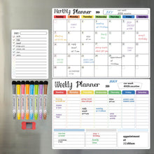 Load image into Gallery viewer, Hivillexun Magnetic Dry Erase Calendar Whiteboard Set (3-Pack) for Refrigerator, Wall, and Fridge Organization with Monthly, Weekly, and Daily Notepads. Comes with 8 Markers and 1 Eraser