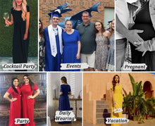 Load image into Gallery viewer, AUOMITH Women’s Black Short Sleeve Flowy Pleated A-Line Maxi Casual Empire Waist Vacation Long Black Dress with Pockets(Black, L)