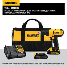 Load image into Gallery viewer, DEWALT 20V Max Cordless Drill/Driver Kit, Includes 2 Batteries and Charger (DCD771C2)