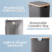 Load image into Gallery viewer, Lonbet - Laundry Hamper with Lid Cover - Sturdy Tall Bamboo Laundry Basket Clothes Organizer - Aesthetic Bedroom Fabric Bin - Big Bathroom Dirty Clothes Hamper - Removable Bag - XL 100 Liters - Grey