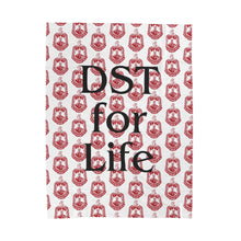 Load image into Gallery viewer, White Velveteen Plush Blanket with Red DST Crest and Black DST for Life Theme