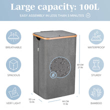 Load image into Gallery viewer, Lonbet - Laundry Hamper with Lid Cover - Sturdy Tall Bamboo Laundry Basket Clothes Organizer - Aesthetic Bedroom Fabric Bin - Big Bathroom Dirty Clothes Hamper - Removable Bag - XL 100 Liters - Grey