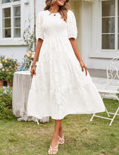 Load image into Gallery viewer, MEROKEETY Women's 2024 Summer Puff Sleeve Smocked Floral Dress Crewneck Lace Flowy Tiered Midi Dresses,White,M