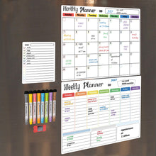 Load image into Gallery viewer, Hivillexun Magnetic Dry Erase Calendar Whiteboard Set (3-Pack) for Refrigerator, Wall, and Fridge Organization with Monthly, Weekly, and Daily Notepads. Comes with 8 Markers and 1 Eraser