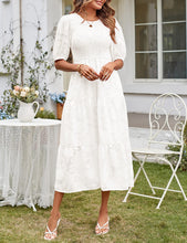 Load image into Gallery viewer, MEROKEETY Women's 2024 Summer Puff Sleeve Smocked Floral Dress Crewneck Lace Flowy Tiered Midi Dresses,White,M