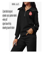 Load image into Gallery viewer, Black 2 piece lounge set with DST Crest Decal on top and pants