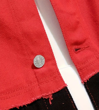 Load image into Gallery viewer, DST Red and Black Boyfriend Length Denim Jacket