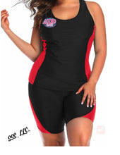 Load image into Gallery viewer, Red and Black 2 piece Colorblock swimsuit with DST decal