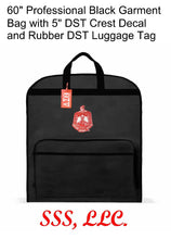 Load image into Gallery viewer, Professional 60" Black Garment Bag with Embroidered 5" DST Crest Decal and Rubber DST Luggage Tag