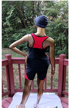 Load image into Gallery viewer, Red and Black 2 piece Colorblock swimsuit with DST decal