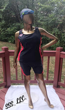 Load image into Gallery viewer, Red and Black 2 piece Colorblock swimsuit with DST decal