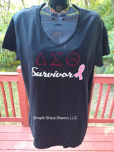 Load image into Gallery viewer, Black Tee with Bling DST Survivor & Cancer Ribbon theme