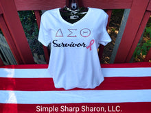 Load image into Gallery viewer, White tee with DST Survivor & Cancer ribbon theme